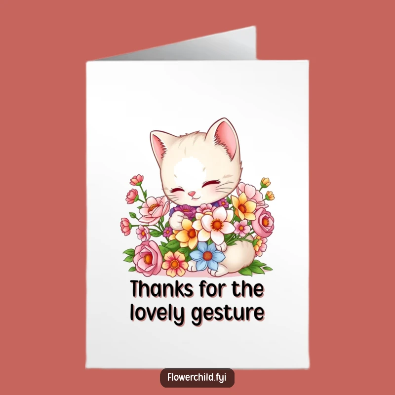 Free Printable Kitten Thank You Card: Floral Bouquet for a Grateful Downloadable Gift