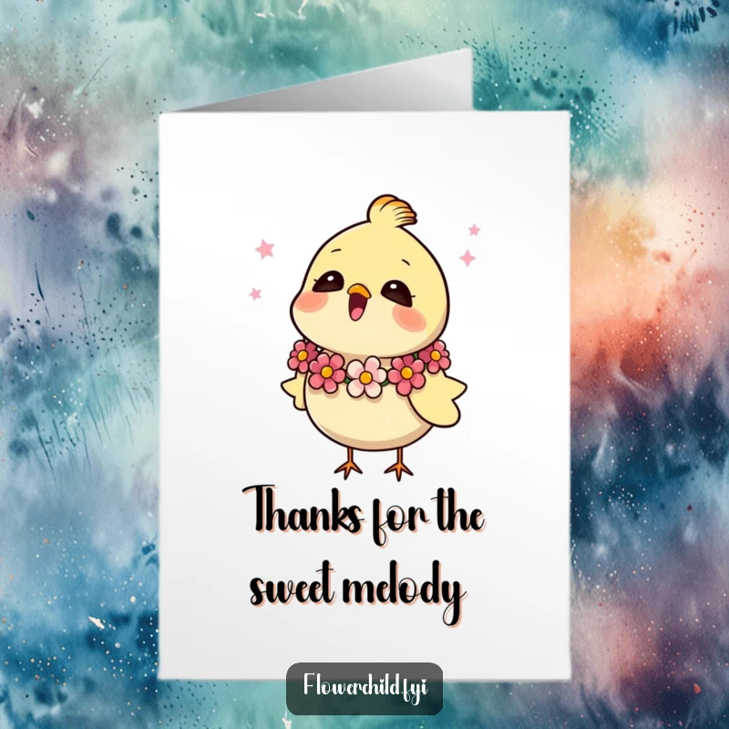 Funny Free Printable Thank You Card: A happy bird with a floral neck garland sings a song of gratitude, a sweet greeting.