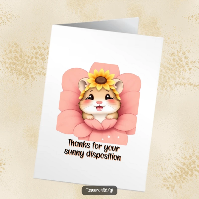 Funny Free Printable Thank You Card: Giggling hamster with sunflower headpiece peeking, sweet sentiment, print at home.