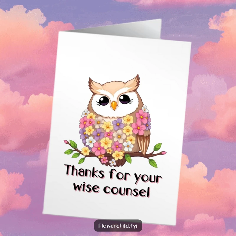 Funny Free Printable Thank You Card: Owl with flower boa on branch, elegant bird, print at home.