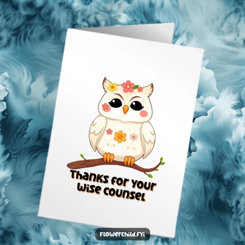 Funny Free Printable Thank You Card: A content owl with flowers in its feathers rests on a branch, offering sincere thanks.