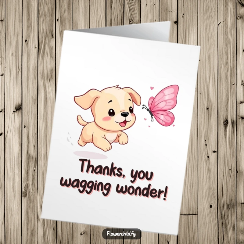 Funny free printable thank you card: A playful puppy chasing a flower petal butterfly, conveying thanks with adorable enthusiasm.