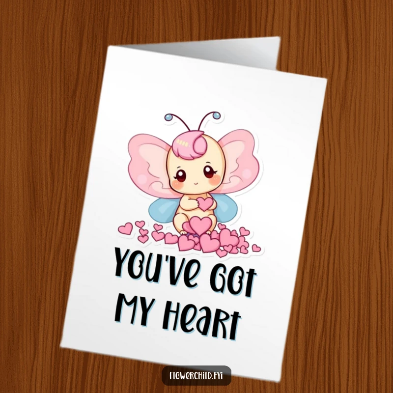 Funny Free Printable Butterfly Thank You Card: Butterfly collecting tiny heart petals, expressing sincere gratitude humorously.