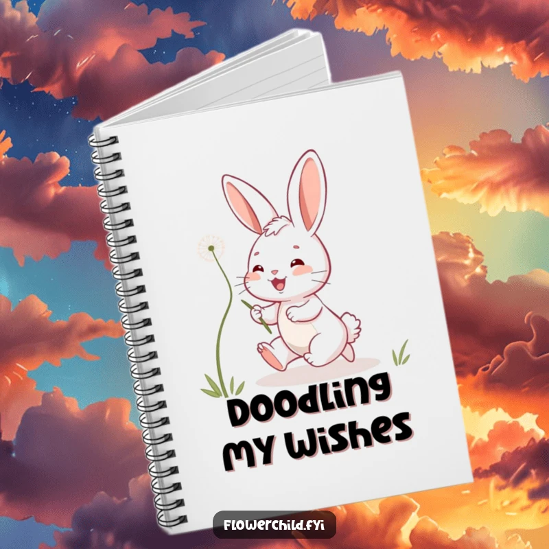 Funny bunny notebook with a playful bunny chasing dandelion seeds, perfect for jotting down notes with a whimsical, lighthearted theme.