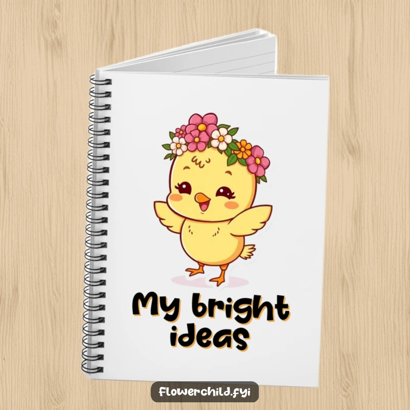 Funny notebook cover featuring a happy chick in a flower crown, dancing and inspiring joyful writing.