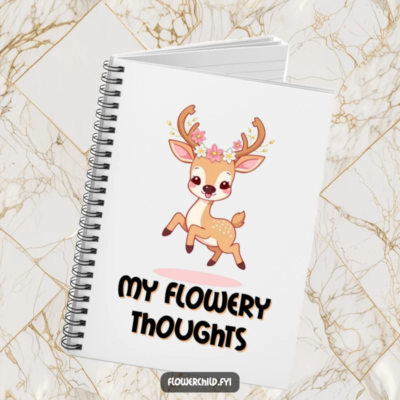 Funny deer flower notebook featuring a prancing deer with floral antlers, perfect for jotting down happy thoughts and funny notes.