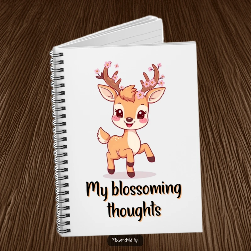 A smiling deer with blossoms on its antlers prancing playfully on the cover of a lined notebook.