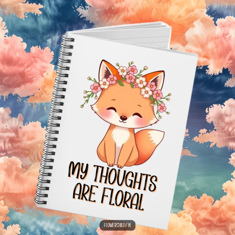 Funny notebook with a whimsical fox adorned with a blossom wreath, providing space for notes and creative inspiration.