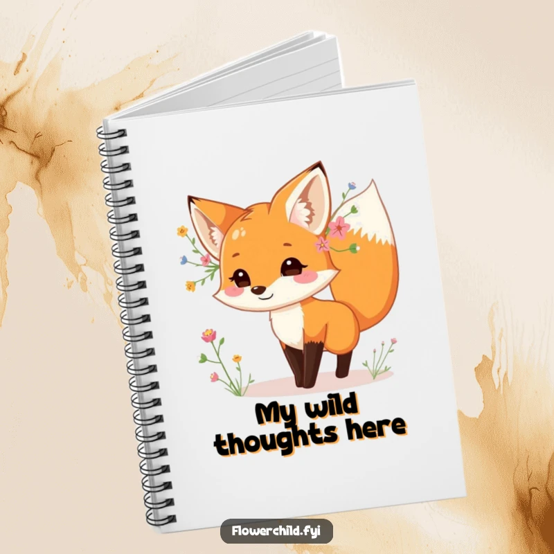 Funny fox notebook, adorned with wildflowers behind its ear, dancing playfully, perfect for writing and planning, ideal funny gift.