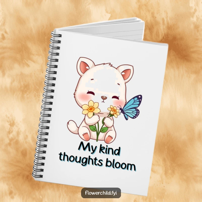 Funny notebook featuring a gentle animal character offering a flower to a tiny butterfly, perfect for notes.