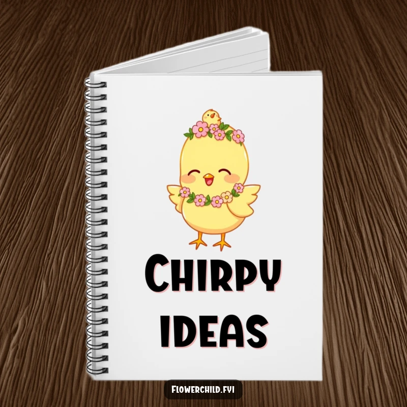 Funny Notebook with a happy chick character wearing a tiny flower garland, chirping joyfully, for journaling.