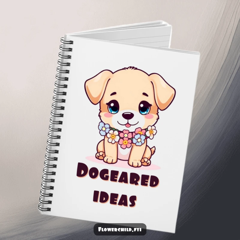 Funny puppy notebook, a mischievous puppy character wearing a flower garland as a scarf, perfect for writing, drawing, and planning.