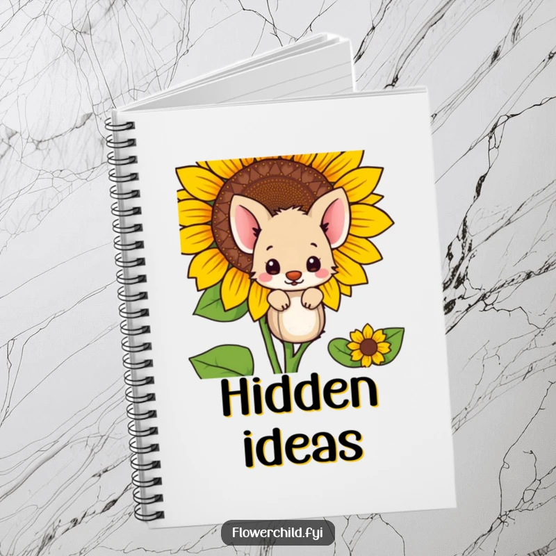 Funny shy animal hiding behind a sunflower, featured on a notebook for private thoughts and ideas.
