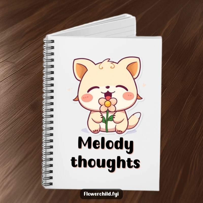 Funny singing animal with eyes closed and a flower in its mouth, featured on a notebook for jotting down ideas.
