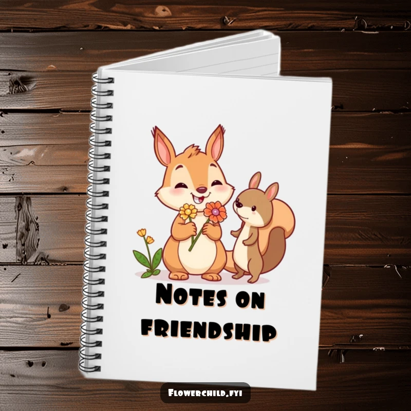 Funny squirrel notebook with a jovial squirrel offering a flower, perfect for jotting down notes with a heartwarming and generous theme.