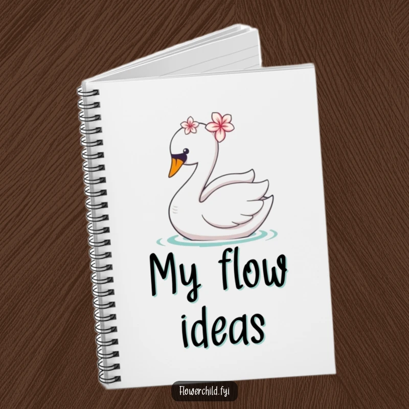 Funny notebook cover with a graceful swan wearing a flower, gliding elegantly, for note-taking.