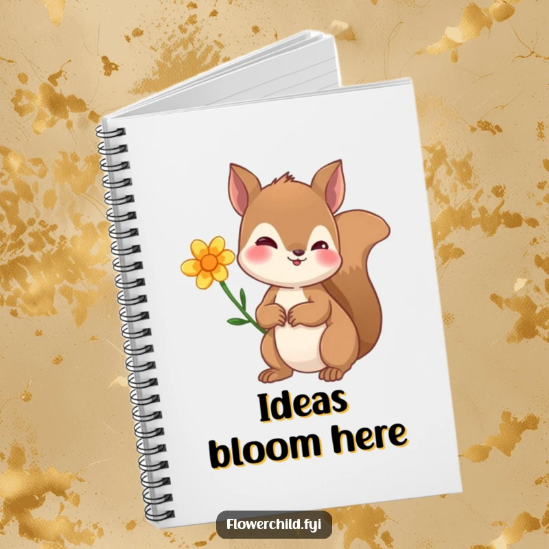Funny notebook cover with a curious squirrel sporting a flower behind its ear, inspiring creative thoughts and woodland charm.