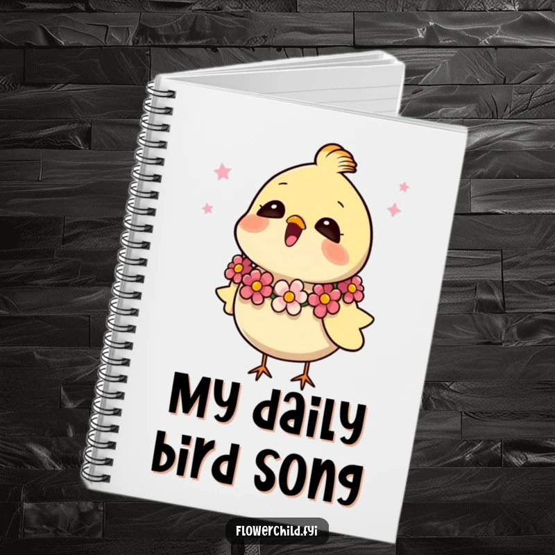 Funny notebook with a happy bird wearing a flower garland, singing beautifully, perfect for writing and sketching.