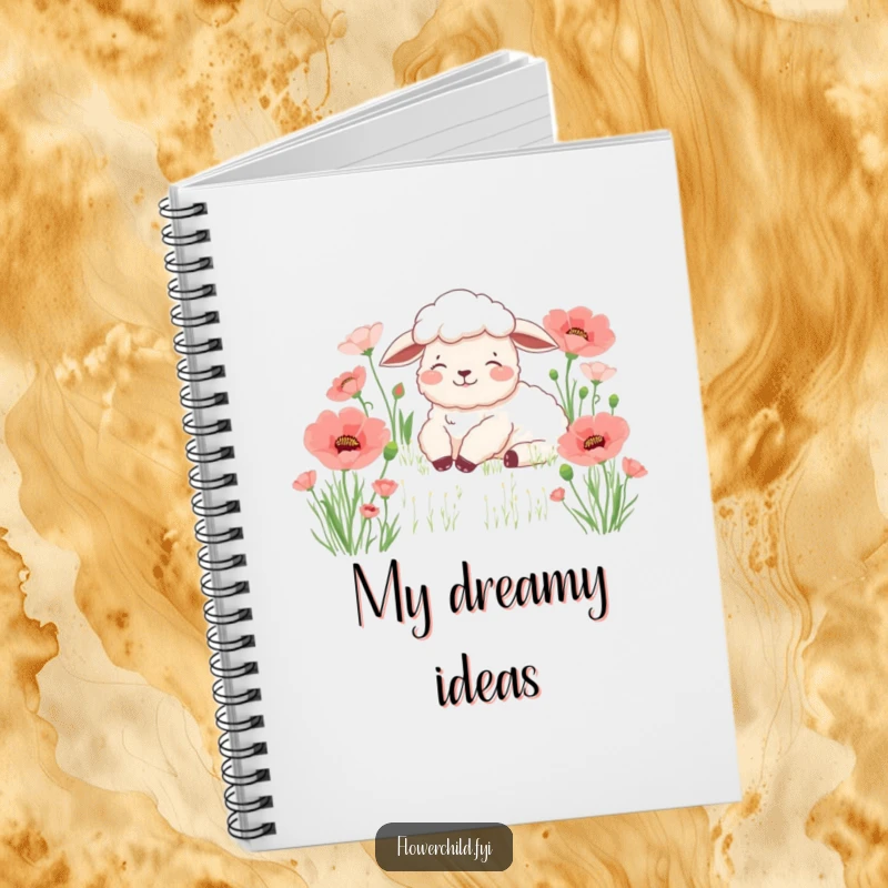 Funny sheep poppy notebook, a content sheep resting peacefully in a field of blooming poppies, ideal for capturing calm thoughts.