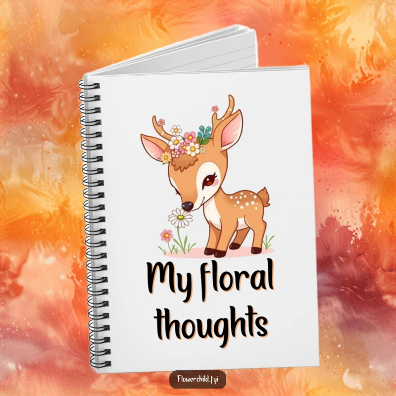 Funny curious deer notebook, adorned with flowers in antlers, sniffing a daisy, perfect for writing and planning, ideal funny gift.