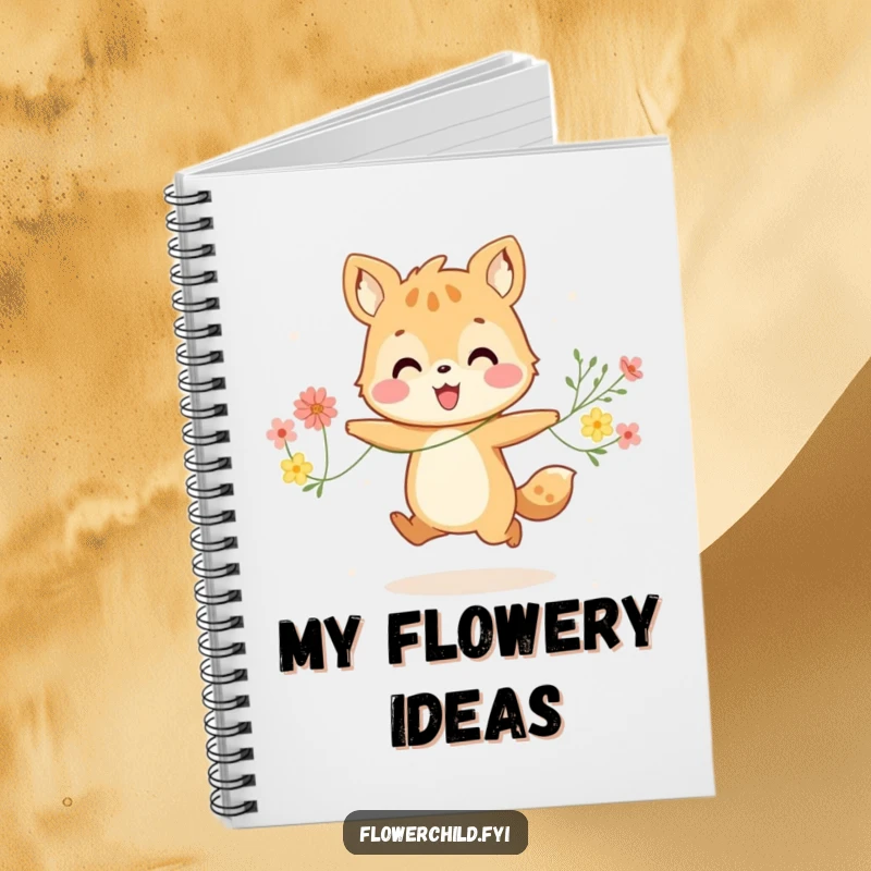 Funny notebook cover art: a happy animal character joyfully skipping with a colorful string of flowers, perfect for capturing bright thoughts.