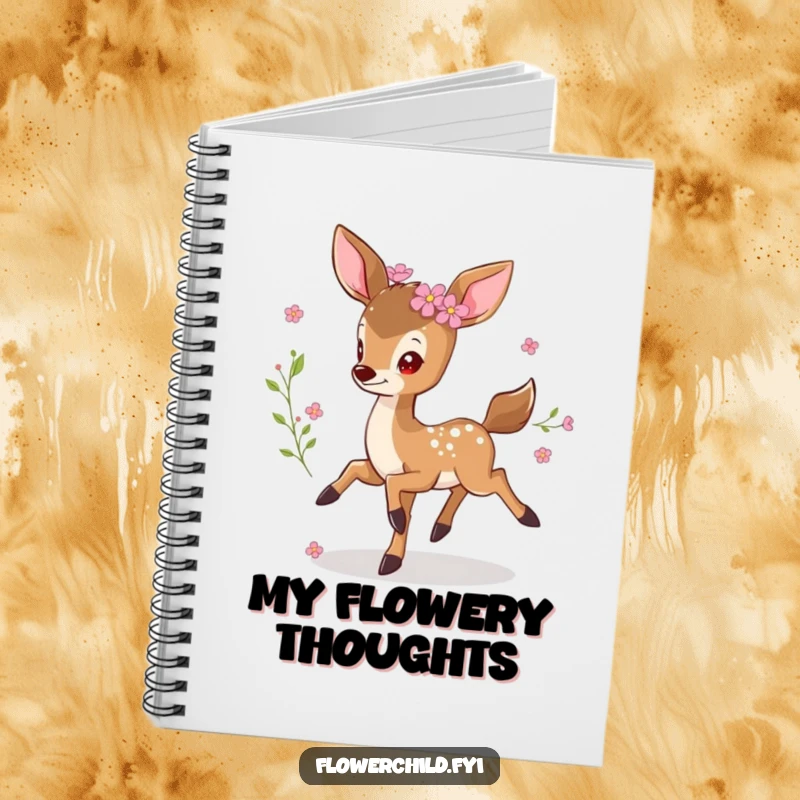 Funny prancing deer notebook, a little deer with flowers in its fur, joyfully leaping, ideal for capturing whimsical thoughts and ideas.