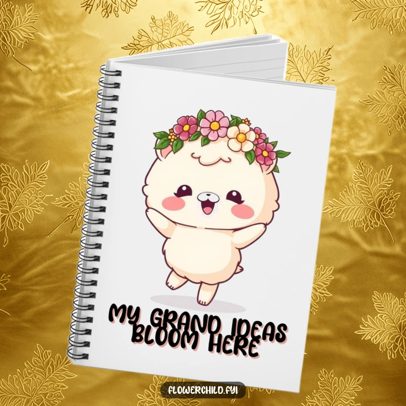 Funny notebook featuring a fluffy animal with a flower crown, dancing joyfully, perfect for notes and doodles.