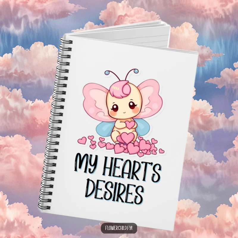 Funny notebook cover featuring a delightful butterfly collecting heart-shaped petals, inspiring sweet writing.