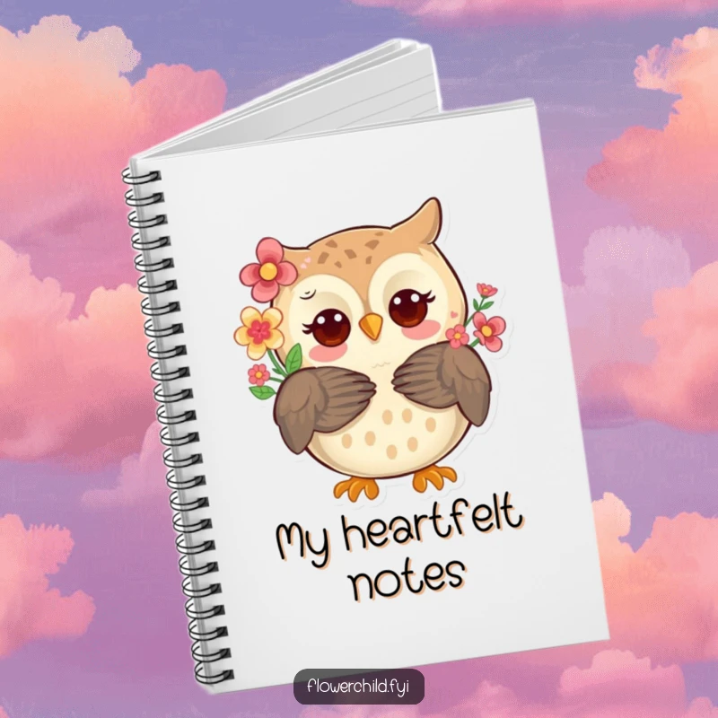 A whimsical owl with flowers in its feathers offering a hug on the cover of a lined notebook, perfect for capturing thoughts.