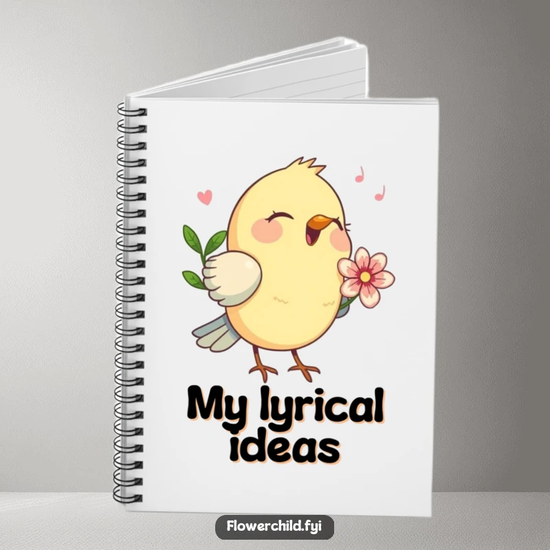 Funny birdsong melody notebook, a happy bird with a flower behind its ear singing.