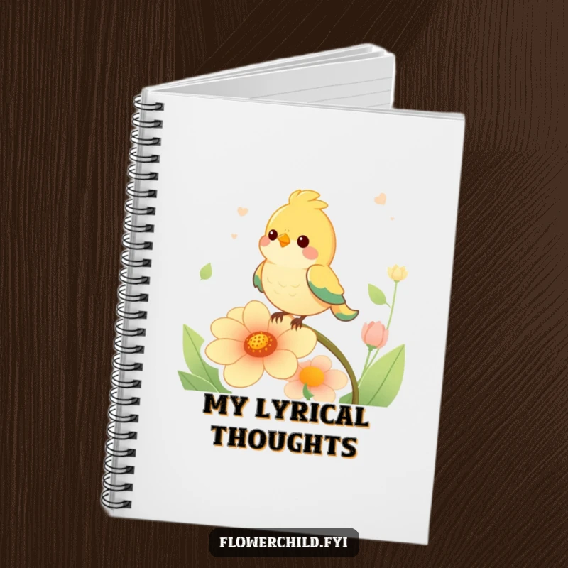 Funny happy bird serenading a singing flower on the cover of this humorous notebook.