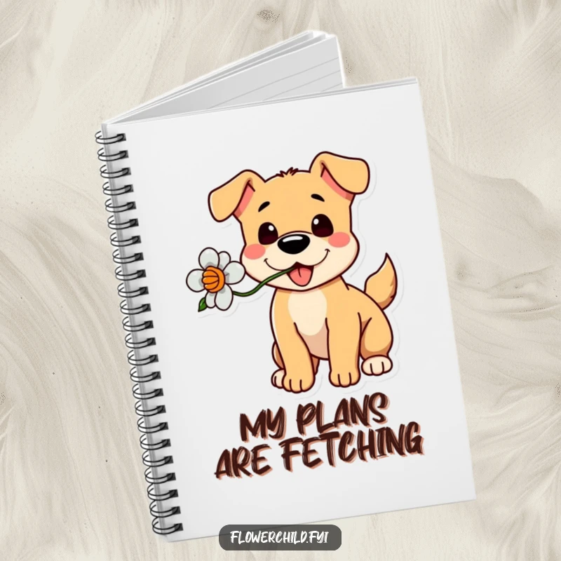 Funny Dog Flower Notebook: A journal cover featuring a playful dog holding a flower, tail wagging.