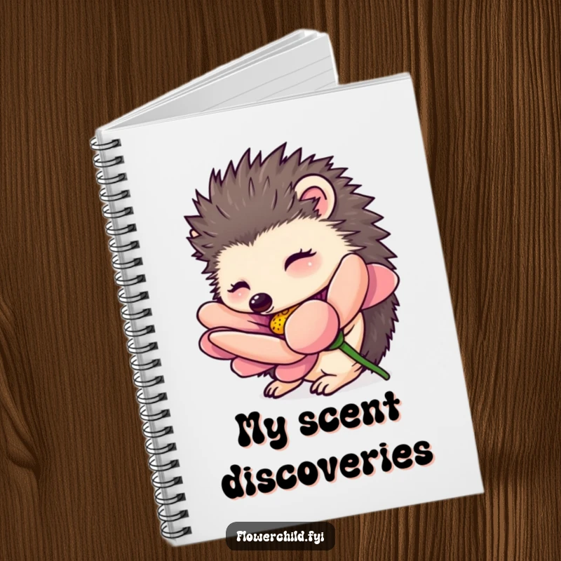 Funny hedgehog notebook, a curious hedgehog character smelling an oversized flower, perfect for writing, drawing, and nature journaling.