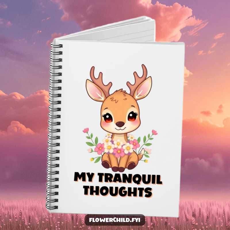 Funny notebook cover with a gentle deer wearing a flower garland, inspiring peaceful thoughts and creative expressions.