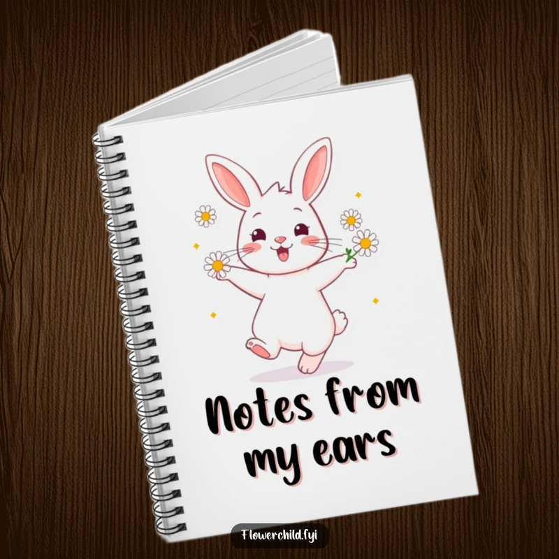 Funny Notebook with a cheerful rabbit character twirling happily, daisies around its ears, for journaling and notes.