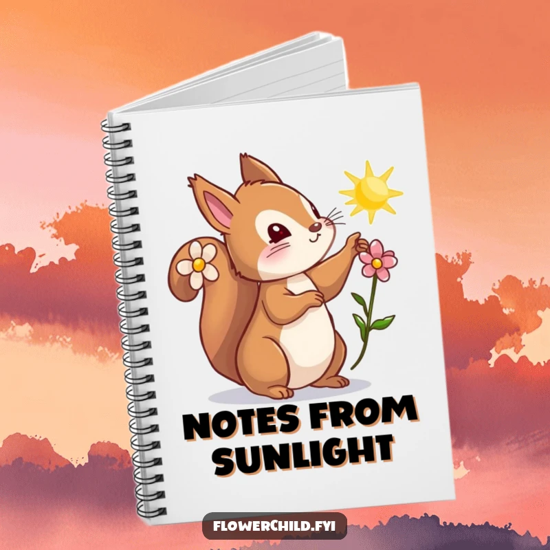Funny squirrel notebook, a curious squirrel with a flower behind its ear reaching for a sunbeam, perfect for capturing creativity and joy.