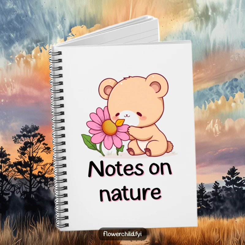 Funny Notebook with a curious bear cub character delightedly sniffing a giant, colorful wildflower, for journaling.