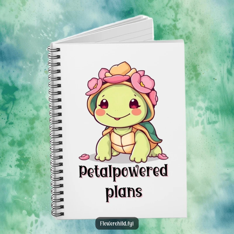 Funny smiling turtle character with a shell adorned with colorful petals on the cover of this humorous notebook.