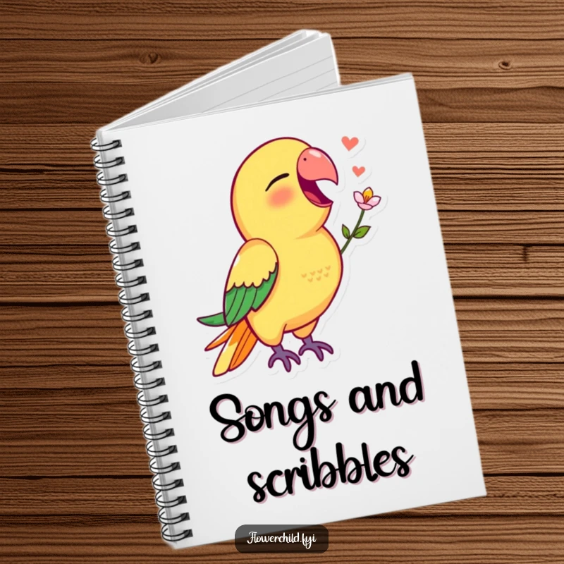 Funny parrot notebook featuring a vibrant parrot singing with a small flower in its beak, a cheerful design.