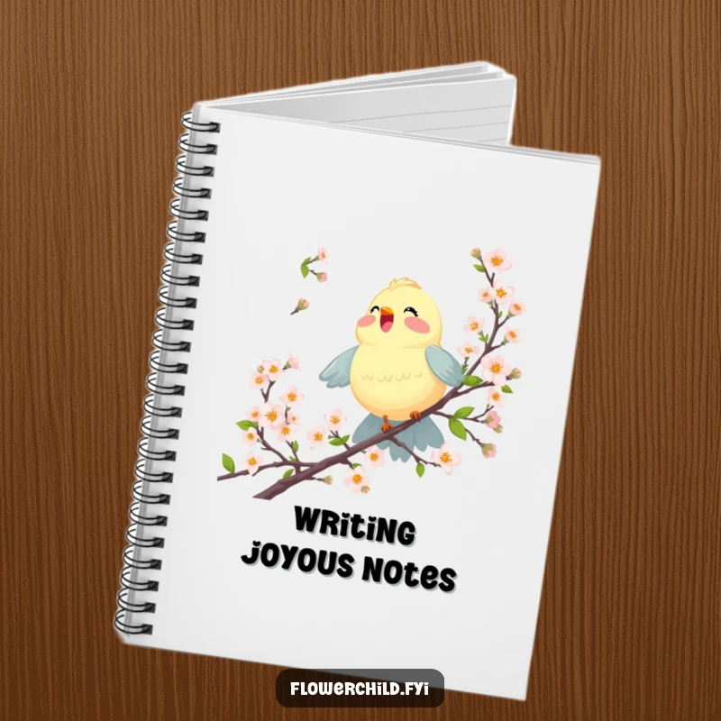 Funny notebook with a joyful bird singing among blossoming branches, perfect for writing lyrics, notes, or creative ideas.