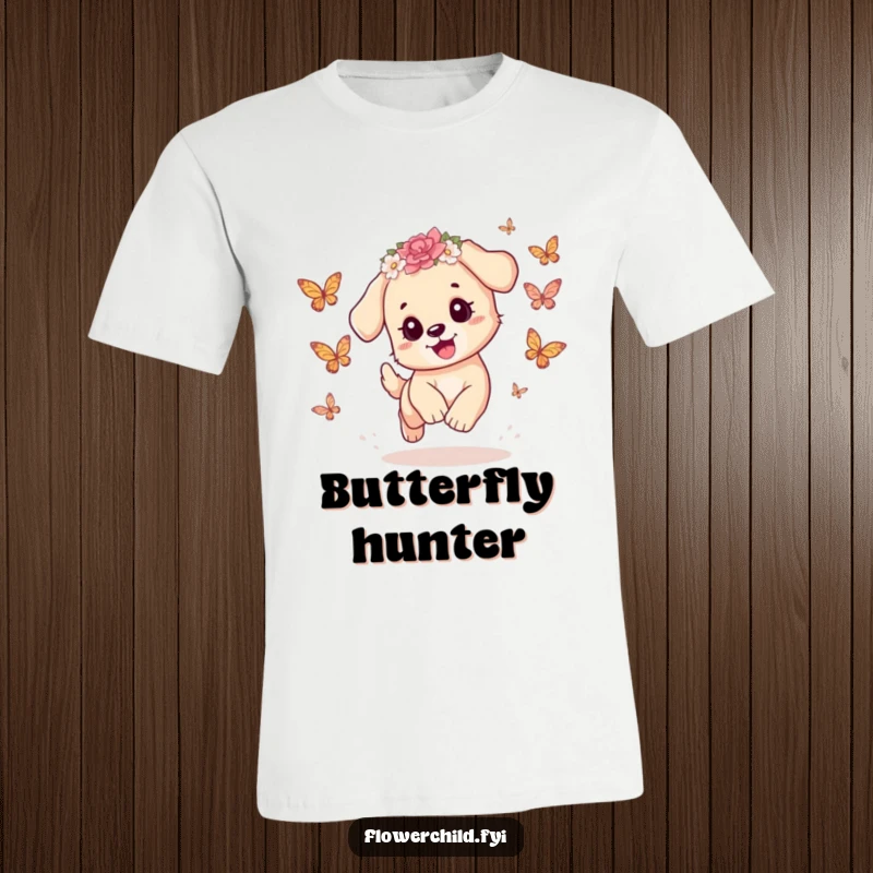 Funny Puppy T-Shirt: A playful puppy wearing a flower crown enthusiastically chases colorful butterflies, radiating pure puppy happiness.