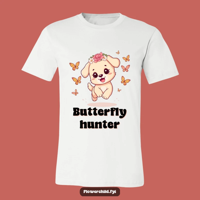 Funny Playful Puppy Butterfly T-Shirt: Cute Character Apparel for Fun