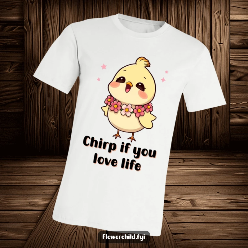 Funny t-shirt featuring a happy bird with a flower garland, joyfully singing and spreading good vibes.