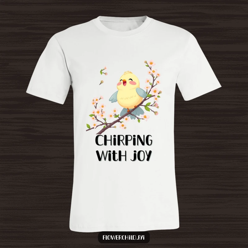 Funny t-shirt with a joyful bird singing sweetly among blossoming spring branches, spreading cheerful vibes.