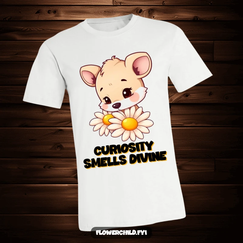 Funny t-shirt depicting a curious animal character deeply engrossed in sniffing a large, vibrant daisy.