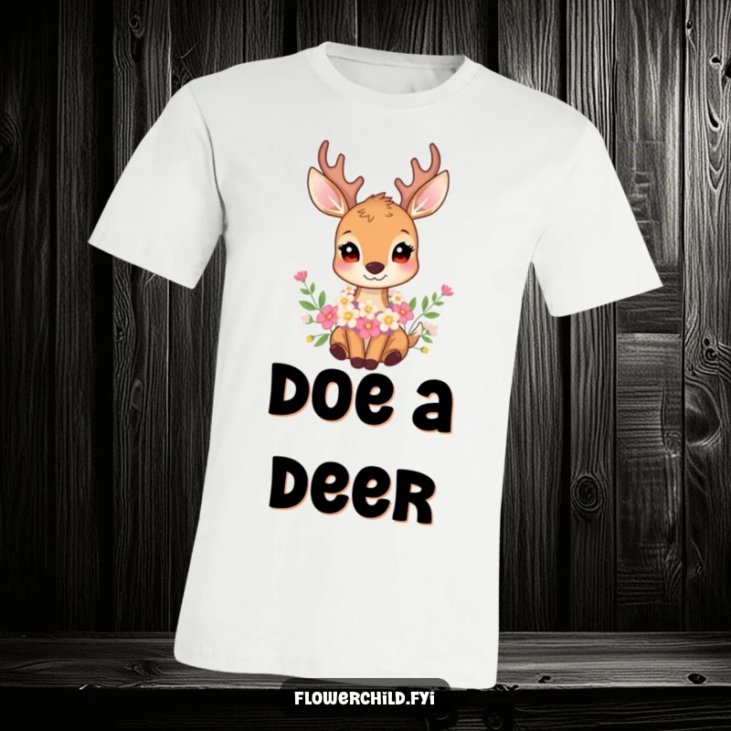 Funny elegant deer t-shirt adorned with a lush garland of flowers around its neck, radiating peace and natural beauty.