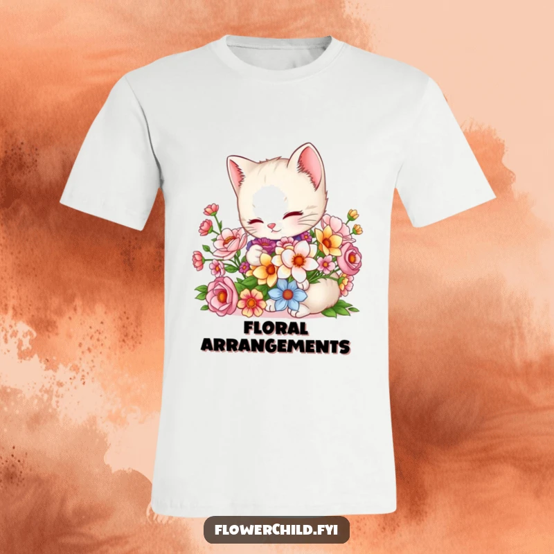 Funny Kitten T-Shirt: A charming kitten artfully arranges a colorful bouquet, showcasing gentle paws and a love for flowers.