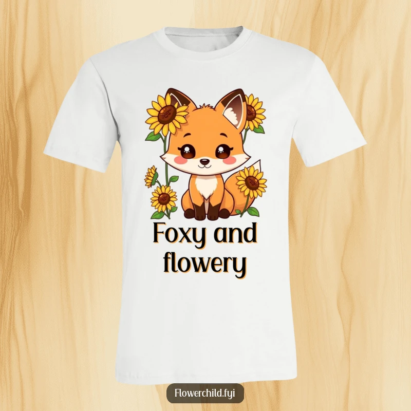 Funny t-shirt displaying a playful fox character with bright sunflowers sprouting from its fur.