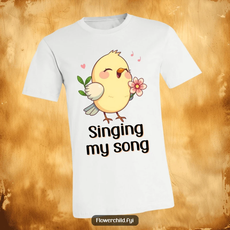 Funny birdsong melody t-shirt, a happy bird with a flower behind its ear singing.