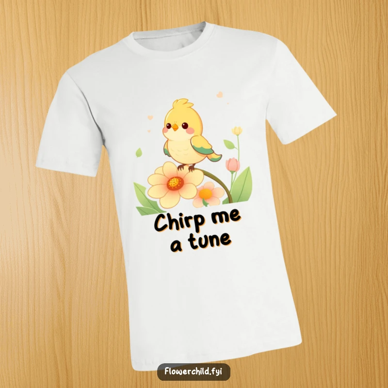 Funny happy bird character serenading a singing flower, printed on a comfortable and humorous t-shirt.